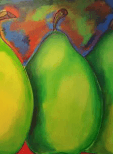 Three stylized green pears against a colorful background.