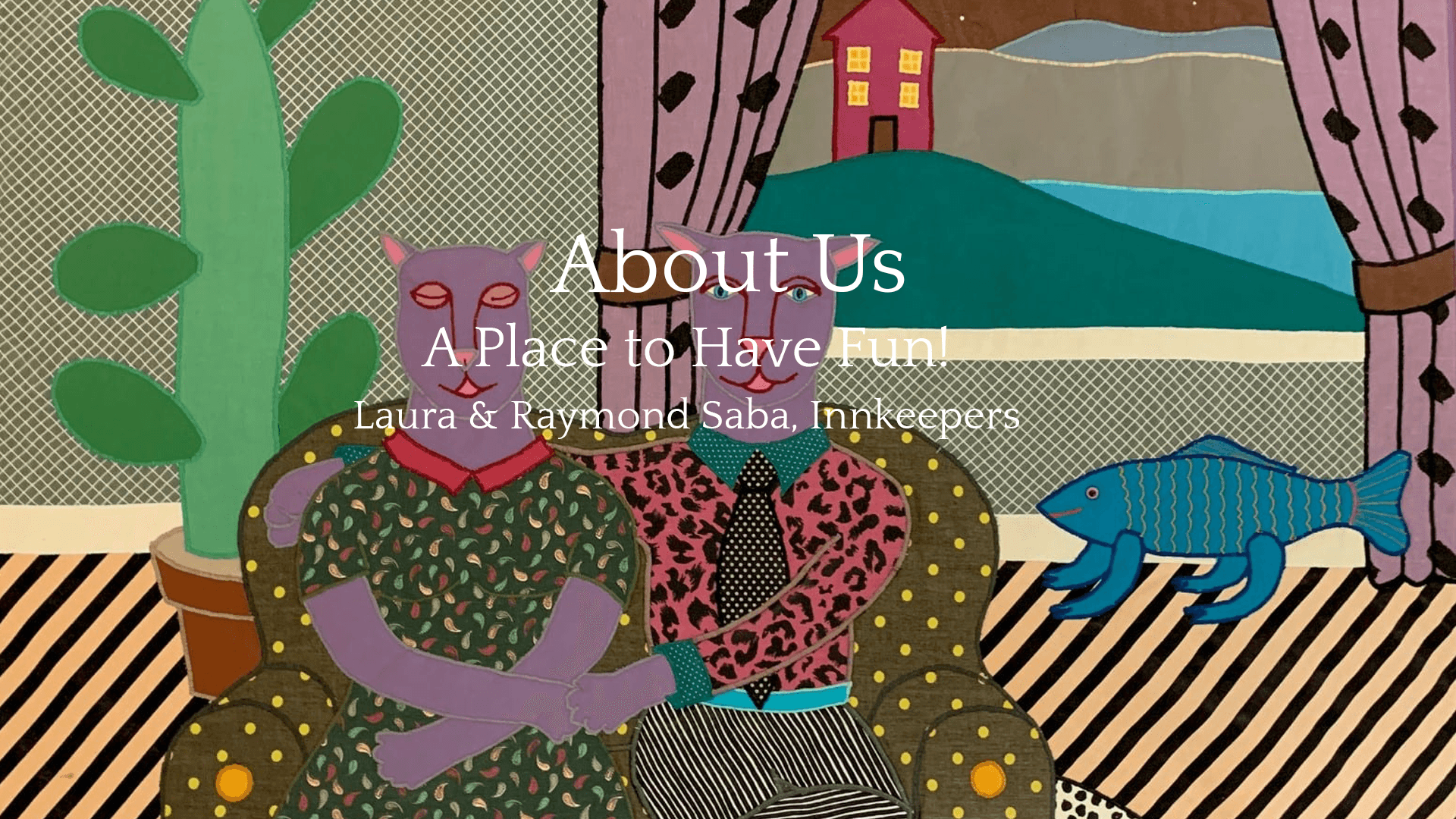 A colorful artwork featuring two anthropomorphic figures sitting together with whimsical elements in the background.